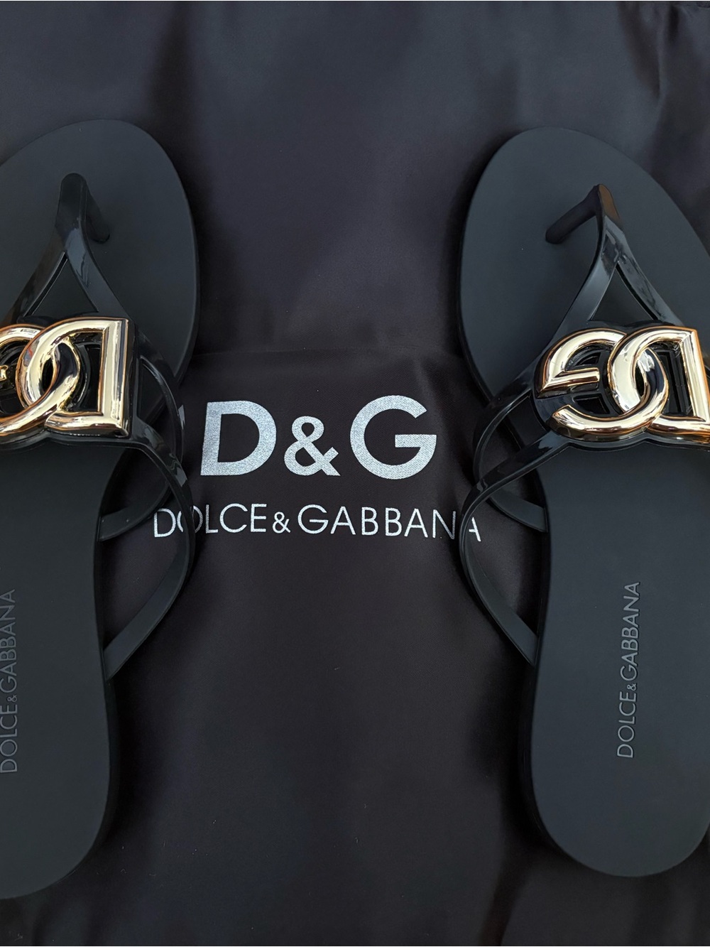 Dolce & Gabbana Black Sandal Flip Flops with Gold Logo